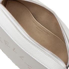 Stella McCartney Logo Camera Crossbody Bag in Pearl Grey, open zip showing beige interior lining and perforated logo lettering on exterior.