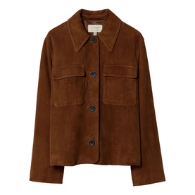 Tan suede shirt jacket with point collar, button-front fastening, and twin chest patch pockets