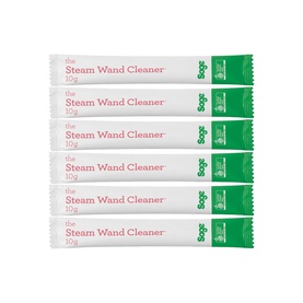 Sage The Steam Wand Cleaner Pack of 6 white cleaning sachets, each labelled 10g, arranged in a flat lay spread
