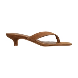 Steve Madden Tracie Heeled Sandals in brown suede, thong strap, kitten heel, square toe, tan sole