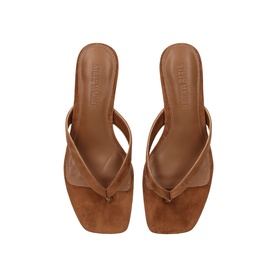 Steve Madden Tracie Heeled Sandals in brown suede, square toe thong style, shown from above