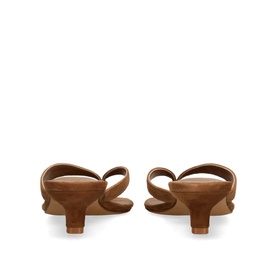 Steve Madden Tracie Heeled Sandals in brown suede, rear view showing sculptural low heel and double-strap silhouette