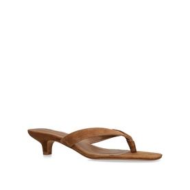 Steve Madden Tracie Heeled Sandals in brown suede, thong toe strap, kitten heel, side view