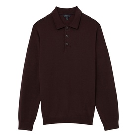 Reiss red fine knit long-sleeve polo shirt with three-button placket and ribbed collar, flat lay.