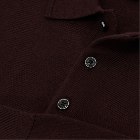 Reiss red fine knit polo shirt detail showing open collar and dark buttons