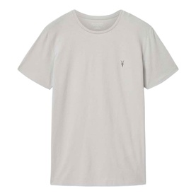 All Saints Pebble Grey crew neck T-shirt with short sleeves and small Ramskull logo embroidery at chest