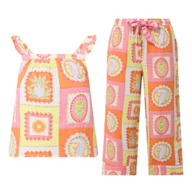 Chelsea Peers Tropical Patchwork Print Cheesecloth Pyjama Set in pink and orange, frill-strap cami and capri-length straight-leg bottoms with satin