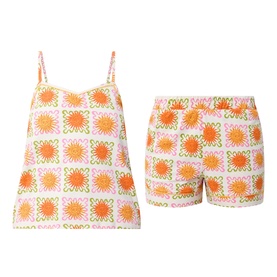 Chelsea Peers Sunshine Tile Print Shorts Pyjama Set in Sunshine Grid, orange and pink floral tile print cami top and matching shorts