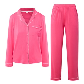 Chelsea Peers Patch Pocket Long Pyjama Set in pink, revere collar, contrast white piping, button-front top and straight-leg trousers