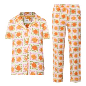Chelsea Peers Sunshine Tile Print Long Pyjama Set in Sunshine Grid, short-sleeve revere collar top and straight-leg bottoms with orange floral tile