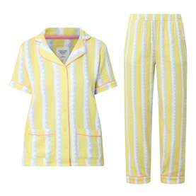 Chelsea Peers Wiggle Stripe Cheesecloth Long Pyjama Set in yellow stripe, two-piece with revere collar top and straight-leg trousers, pink contrast