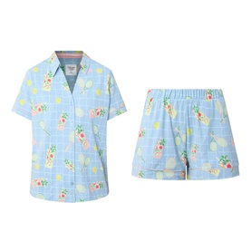 Chelsea Peers Tennis & Cocktails Short Pyjama Set in blue check with cocktail and tennis print, short-sleeve button shirt and elasticated shorts