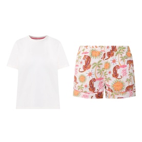 Chelsea Peers Siesta Tiger Print Shorts Pyjama Set in white tee and tropical tiger-print shorts with contrast piping, flat lay