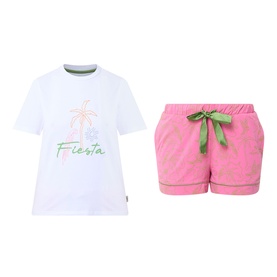 Chelsea Peers Fiesta Graphic Print Shorts Pyjama Set in white tee with palm print and pink terry shorts with green satin drawstring
