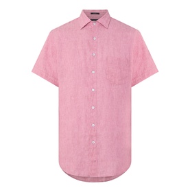 Rodd & Gunn pink short-sleeve linen casual shirt with chest pocket and button-front placket, flat lay view