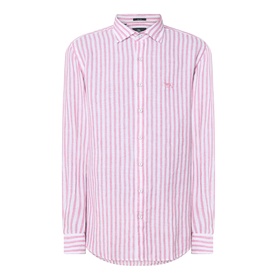 Rodd & Gunn Seadown Stripe Shirt in RoseWater, pink and white vertical stripes, pointed collar, long sleeves, embroidered logo