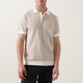 Model wearing Rodd & Gunn Oyster Island Striped Knitted Polo Shirt in Acorn, featuring horizontal stripes, polo collar and short sleeves