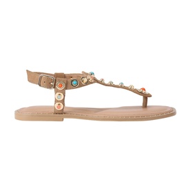 Carvela Amalfi T-Bar Flat Sandals in brown suede with multicoloured stone crystals, gold studs, T-bar strap and buckle ankle fastening