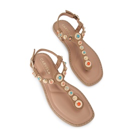 Carvela Amalfi T-Bar Flat Sandals in brown suede with multicoloured stone studs, T-bar strap, buckle ankle fastening