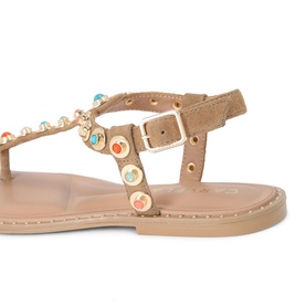 Carvela Amalfi T-Bar Flat Sandals in brown suede with multicolour crystal studs, gold hardware, buckle ankle strap, and flat sole
