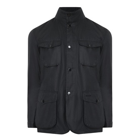Barbour black wax cotton casual jacket with four front pockets, button fastening, and stand collar