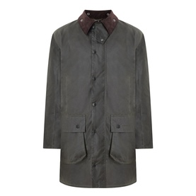 Barbour green waxed cotton casual jacket with corduroy collar, front flap pockets, and button fastening