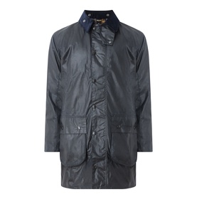 Barbour navy waxed cotton casual jacket with corduroy collar, chest and hip pockets, and zip fastening