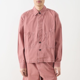 Model wearing Farah Vintage Mattison Denim Jacket in Dusty Red with pointed collar, button fastenings and front slip pockets, styled with matching