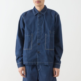 Model wearing Farah Vintage Mattison Denim Jacket in Aegean Blue with contrast stitching, pointed collar, button fastenings and front pockets