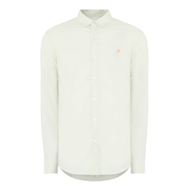 Farah Vintage Brewer Logo Shirt in Soft Green, long sleeve, button-down collar, curved hemline, small orange logo detail