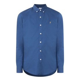 Farah Vintage Brewer Logo Shirt in Aegean Blue, long-sleeve cotton with button-down collar, small fox logo, and curved hemline.