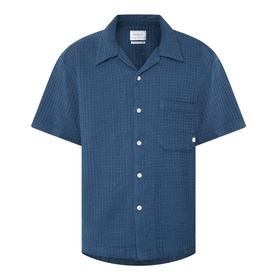 Farah Vintage Olsen Textured Shirt in Aegean Blue, short sleeves, camp collar, button front, chest pocket, textured cotton fabric