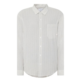 Farah Vintage Stone Grey striped casual shirt with chest pocket, long sleeves, and curved hem, in cotton-elastane blend.