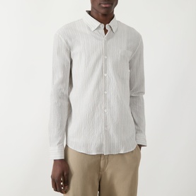 Model wearing Farah Vintage Stone Grey casual shirt in striped cotton, styled with beige chinos.