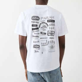 Model wearing Farah Vintage Logo Back Graphic T-Shirt in white, showing back with multi-logo graphic print, crew neck, short sleeves.