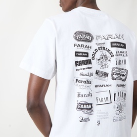 Model wearing Farah Vintage Logo Back Graphic T-Shirt in white, showing back with bold black multi-logo graphic print across chest area