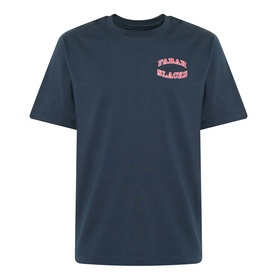 Farah Vintage Caligo Logo T-Shirt in True Navy, crew neck, short sleeves, pink varsity-style logo on chest, 100% cotton