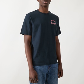 Model wearing Farah Vintage Caligo Logo T-Shirt in True Navy with small chest logo, styled with light blue jeans.
