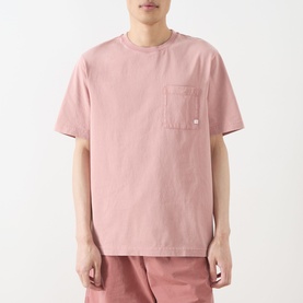 Model wearing Farah Vintage Stacy Logo Pocket T-Shirt in Dusty Red, crew neck, chest pocket, short sleeves, styled with matching shorts.