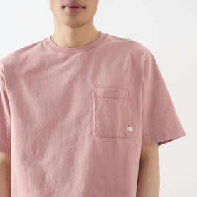 Model wearing Farah Vintage Stacy Logo Pocket T-Shirt in Dusty Red, showing chest pocket with logo detail, crew neck, short sleeves