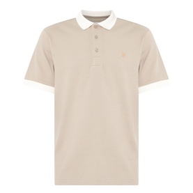 Farah Vintage Clement Logo Contrast Collar Polo Shirt in Stone Grey, white contrast collar and sleeve trim, small logo embroidery, button placket