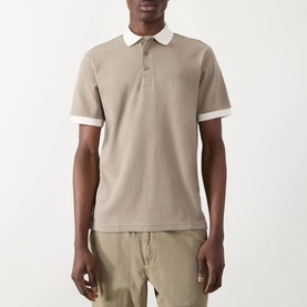 Model wearing Farah Vintage Clement Logo Contrast Collar Polo Shirt in Stone Grey with white contrast collar and cuff trims, paired with khaki