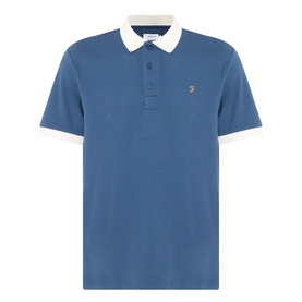 Farah Vintage Clement Logo Contrast Collar Polo Shirt in Aegean Blue with white contrast collar, cuffs, and embroidered logo detail.
