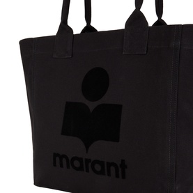 Isabel Marant black cotton tote bag with tonal logo print, double top handles, structured silhouette