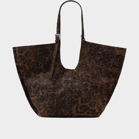 All Saints leopard brown tote bag with structured open top, adjustable dark leather shoulder strap and gold-tone hardware