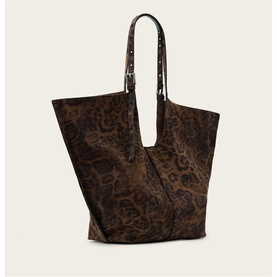 All Saints tote bag in leopard brown print with deep V-top opening and slim leather handles with silver buckle detail