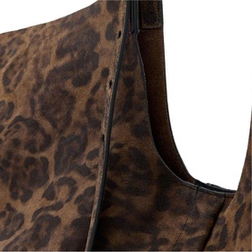 All Saints Dump bag in leopard brown print, close-up showing shoulder strap opening and zip fastening detail