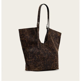 All Saints leopard brown tote bag with structured open top, single black shoulder strap and all-over animal print detail