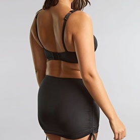 Model wearing Panache Gina Square Bikini Top in black, rear view, styled with matching black ruched mini skirt