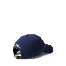 Ralph Lauren Newport Navy baseball cap, rear view showing white embroidered logo and brown leather adjustable back strap